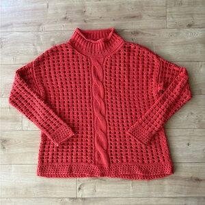 Free People Red Open Knit Mock Neck Oversized Sweater Medium Chunky Cable